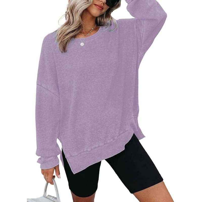 Womens Waffle Knit Crewneck Sweatshirts Long Sleeve Side Slits Casual Pullover Sweatshirt Tops.