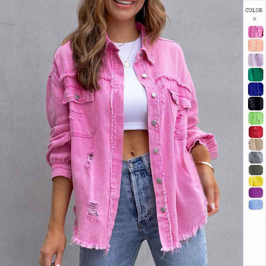 Fashion Ripped Shirt Jacket – Women’s Autumn & Spring Casual Top.