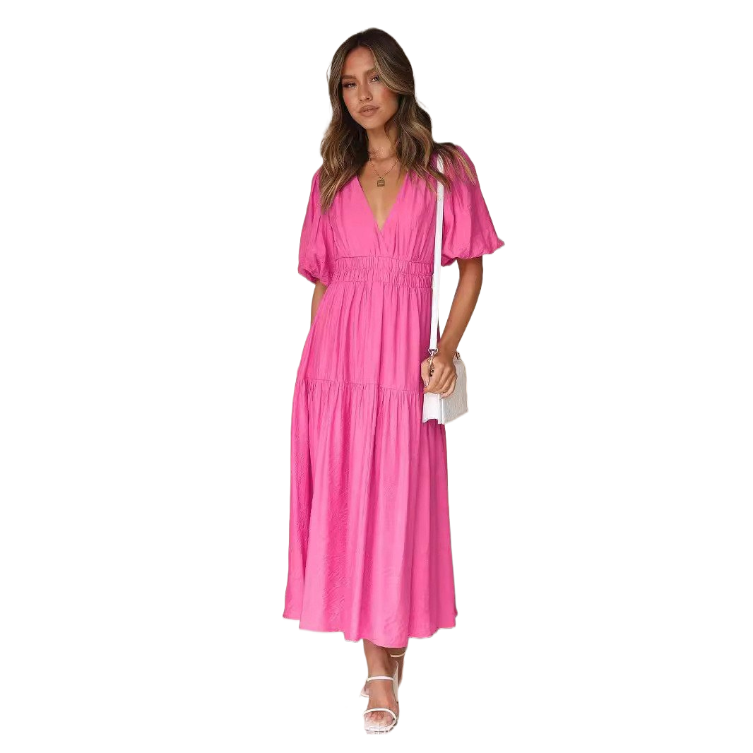 Chic Deep V Puffed Sleeve Vacation Dress – Elegant Flowy Summer Maxi for Beach & Resort Wear.