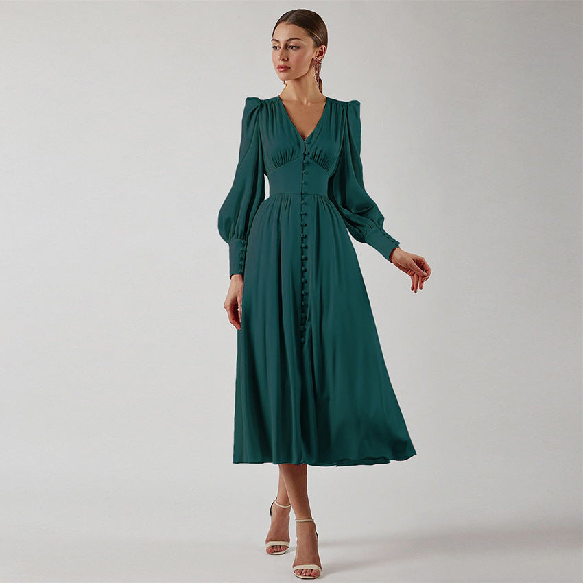 Long V-Neck Cinched Waist Retro Dress – Elegant Vintage Maxi Dress for Women cjdropshipping