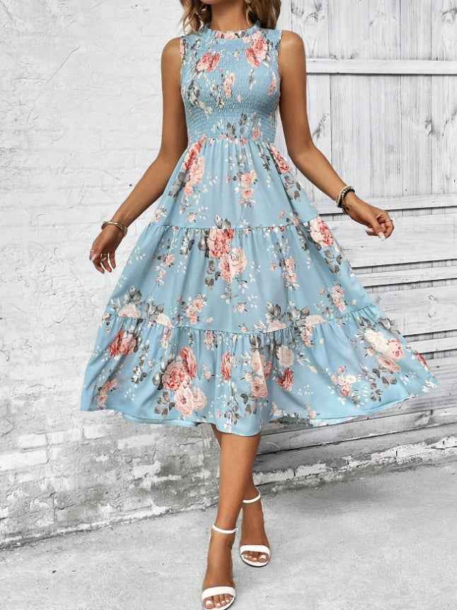 Floral Print Layered Hem Maxi Dress – Boho Vacation Beach Outfit for Women.