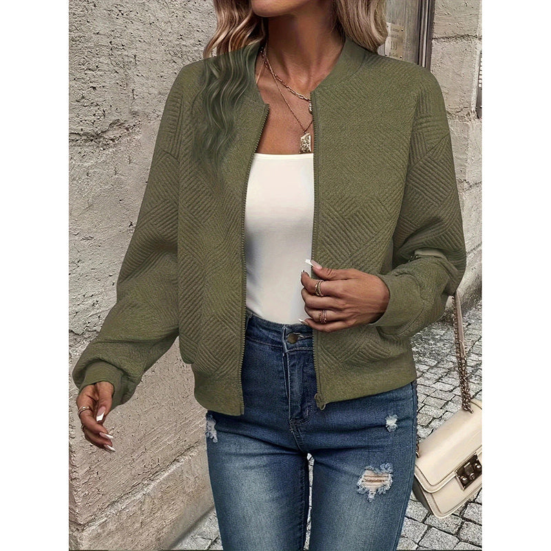 Womens Bomber Jacket Coat Casual Textured Stand Collar Zip Up Fall Fashion Jackets Outfits cjdropshipping