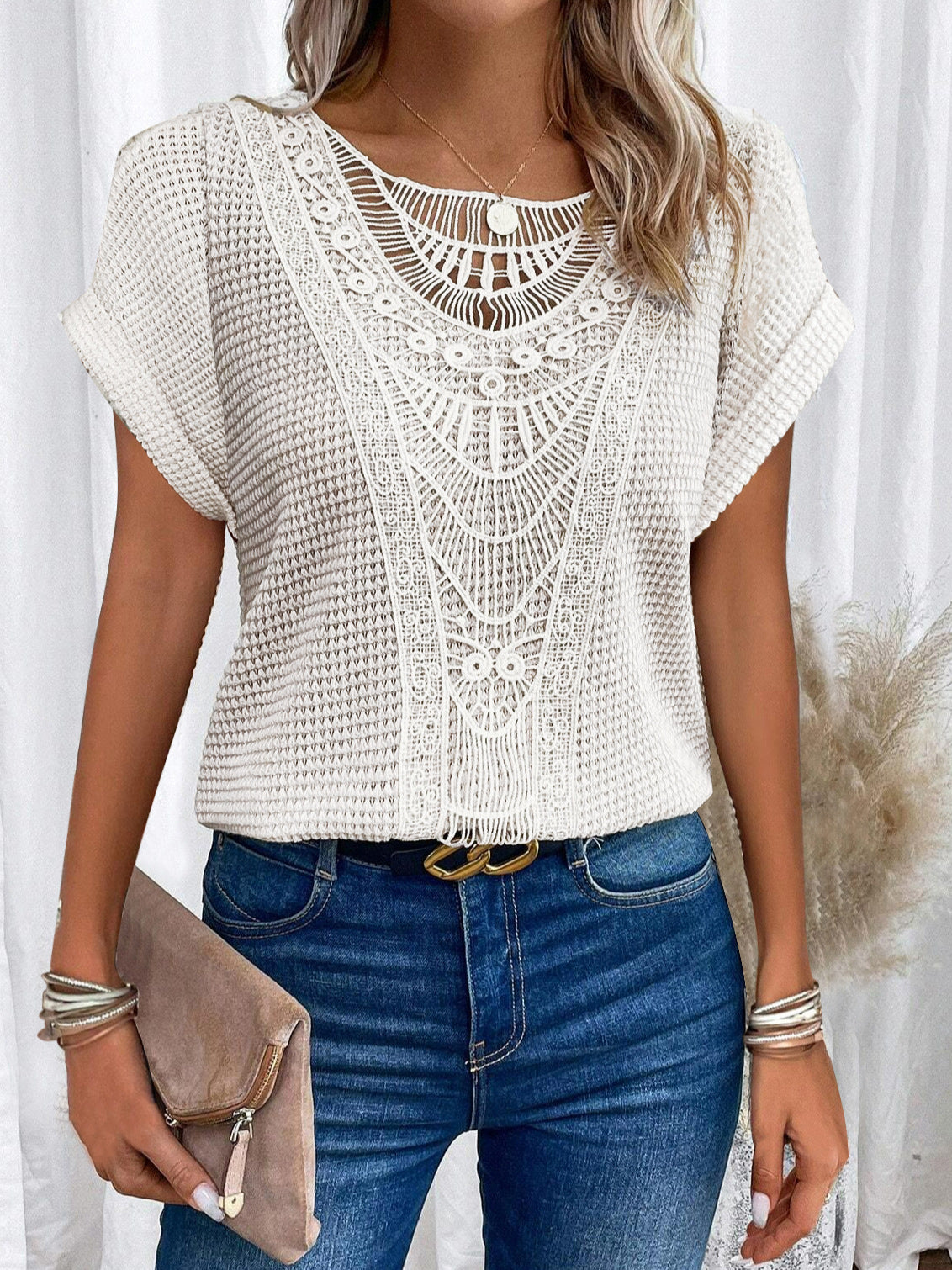 ☀️ Women’s Summer Hollow Out T-Shirt – Ethnic Style Fashion Short Sleeve Top.