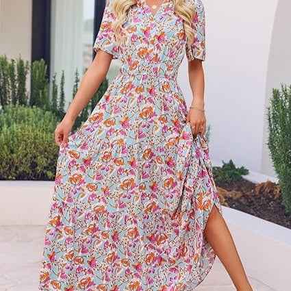 Summer Casual Floral Print Maxi Dress – Sleeveless Boho Beach Sundress for Women.