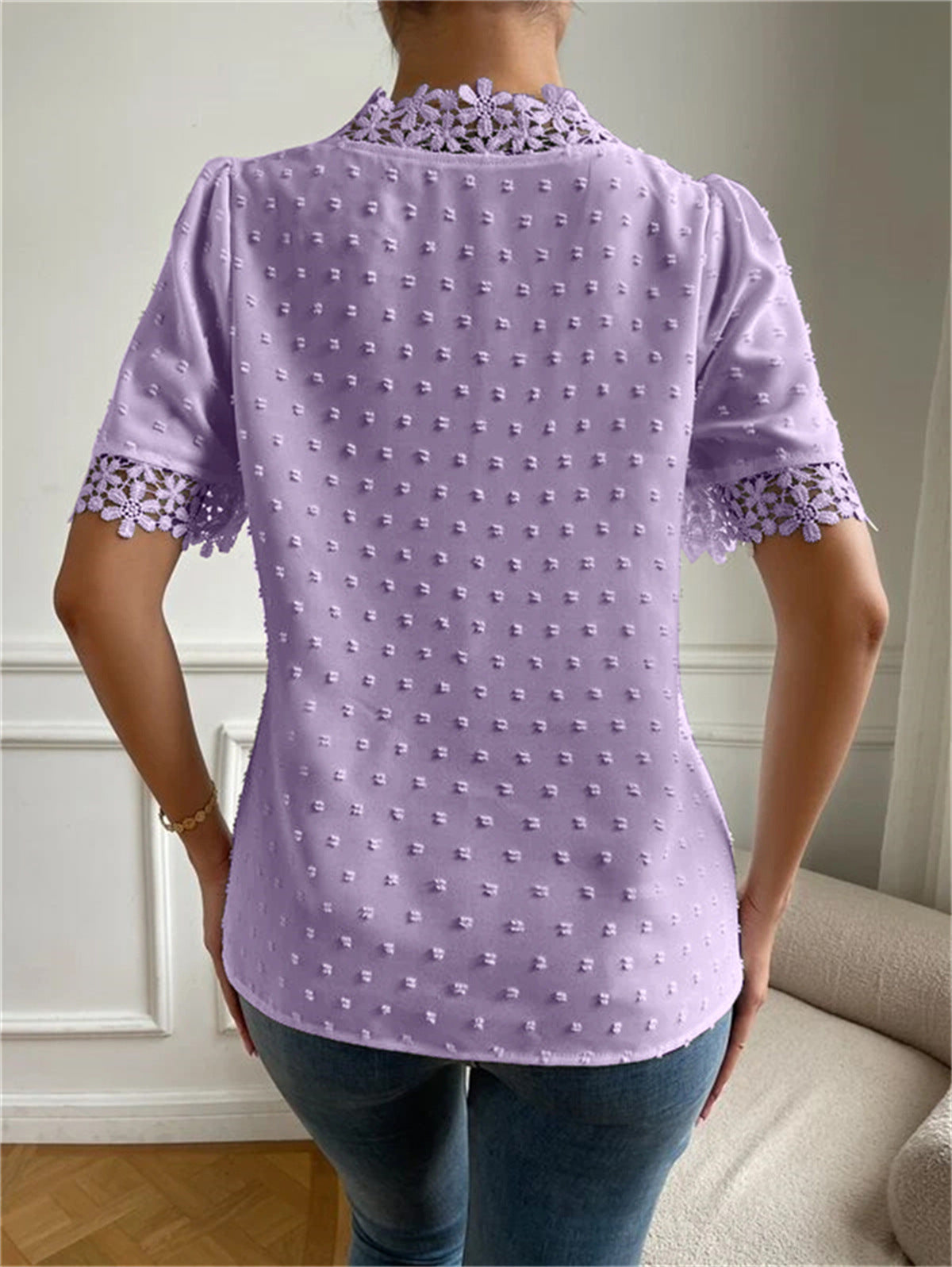 Floral Lace V-Neck Women’s Summer Top – Short Sleeve Fashion Shirt.