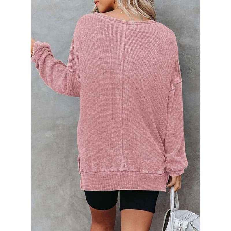 Womens Waffle Knit Crewneck Sweatshirts Long Sleeve Side Slits Casual Pullover Sweatshirt Tops.