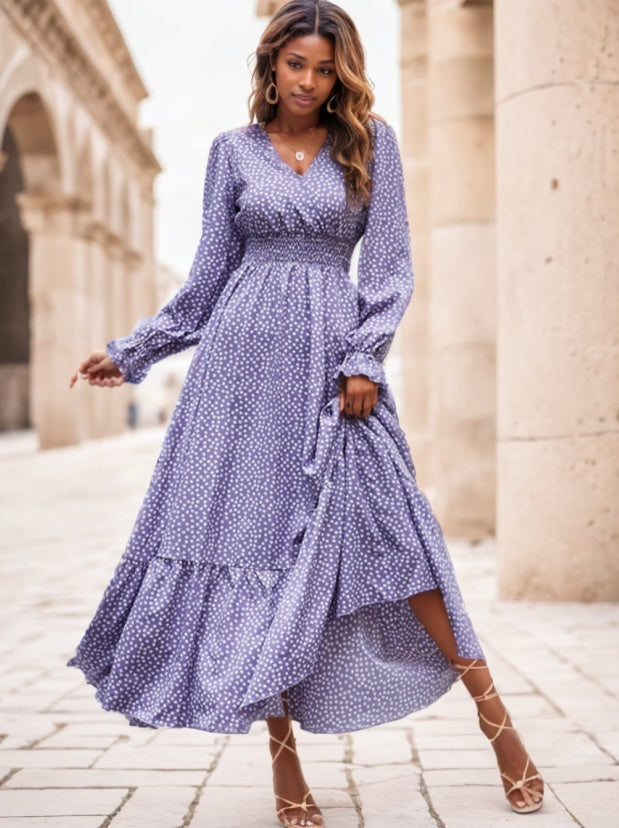 Floral Print Flounce Sleeve Shirred Maxi Dress – Women’s Boho Chic Summer Outfit.