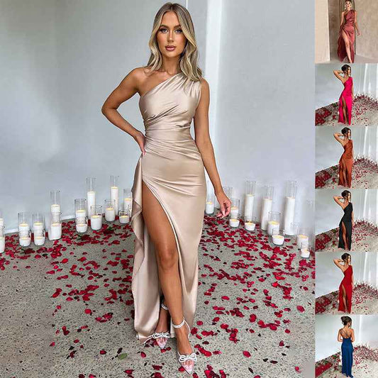 One-Shoulder Backless Slit Satin Dress – Elegant Summer Party Dress.