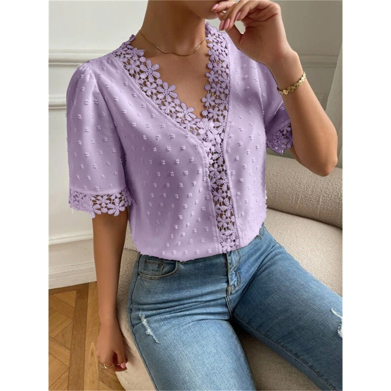 Floral Lace V-Neck Women’s Summer Top – Short Sleeve Fashion Shirt.