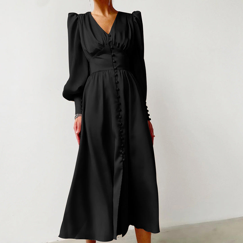 Long V-Neck Cinched Waist Retro Dress – Elegant Vintage Maxi Dress for Women cjdropshipping