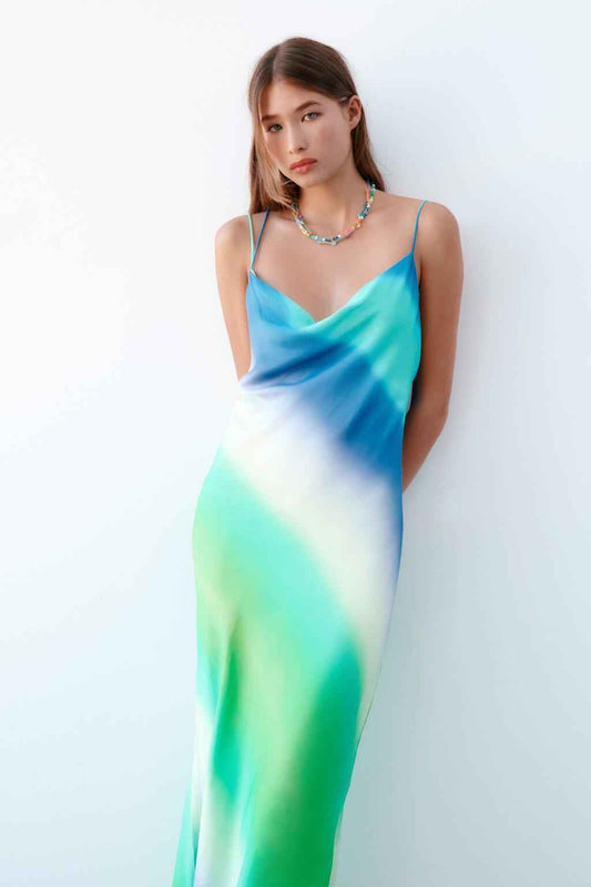 Ladies Stylish Tie-Dye Silk Satin Slip Dress – Summer Party & Vacation Outfit.