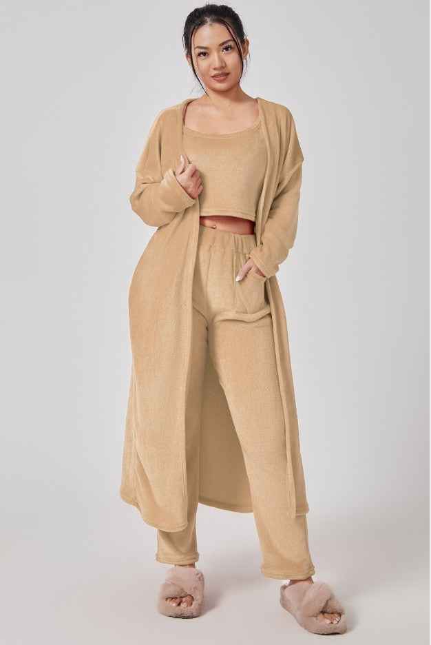 Women’s 3-Piece Cozy Winter Lounge Set – Soft Pajama Pants, Tank Top & Warm Cardigan.