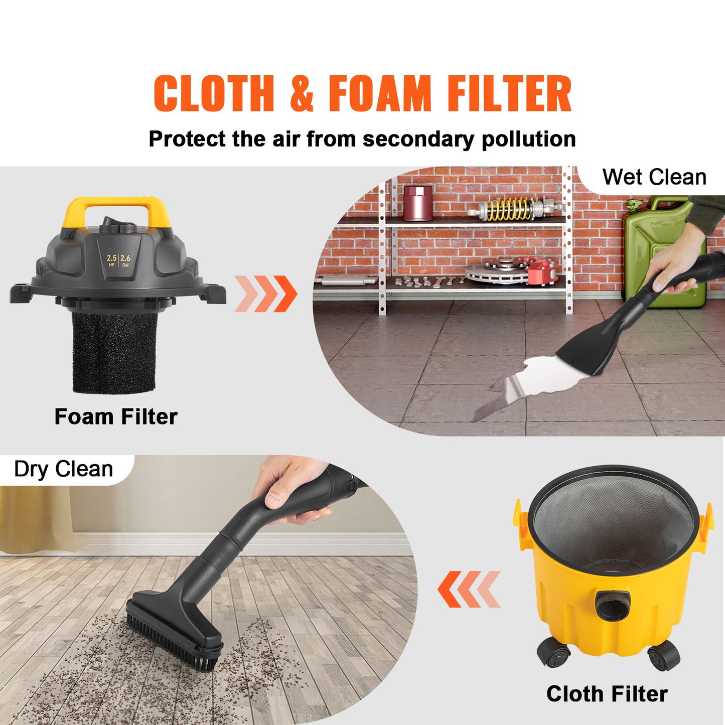 VEVOR Wet Dry Vac – 2.6 Gal 3-in-1 Portable Shop Vacuum with Blower & Attachments.