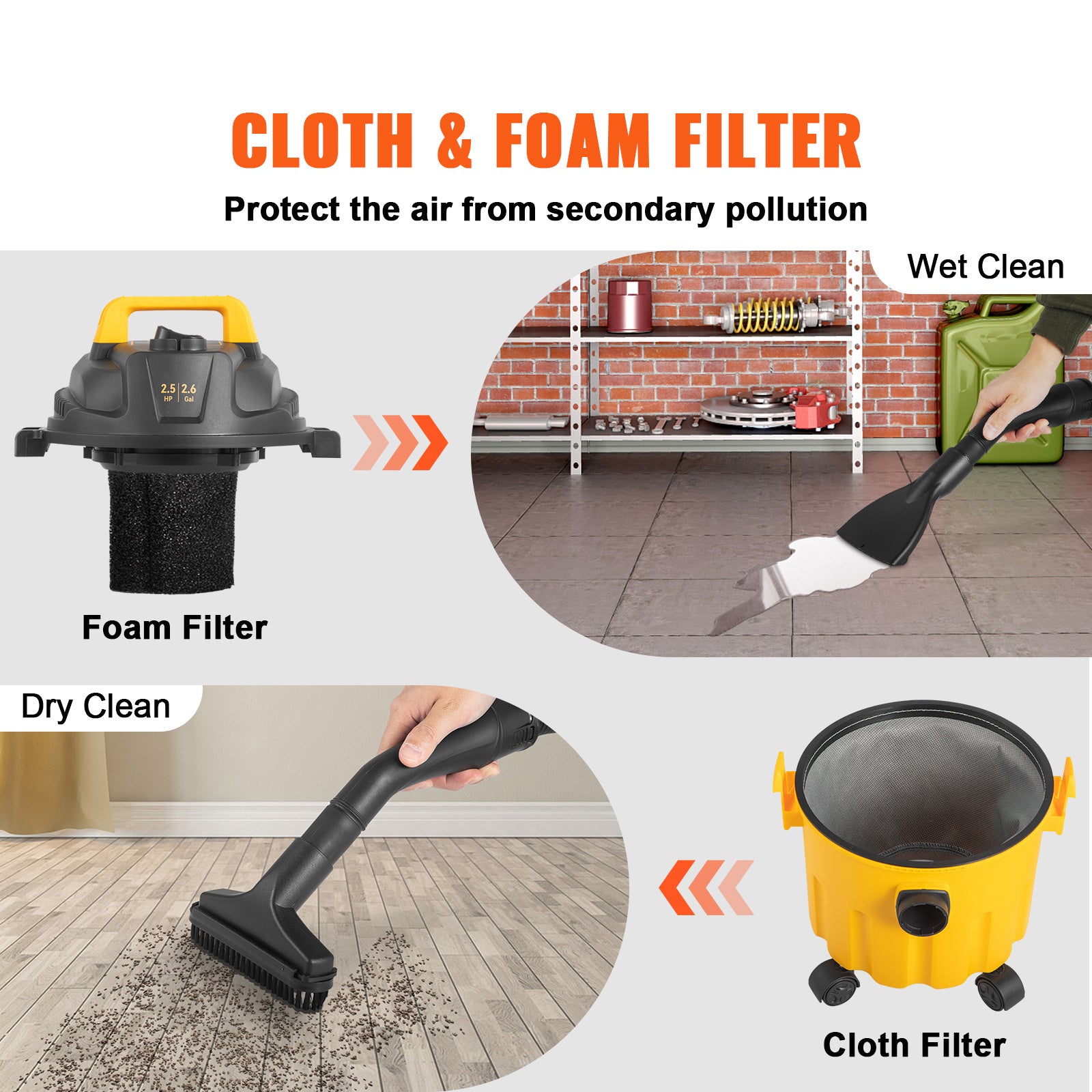 VEVOR Wet Dry Vac – 2.6 Gal 3-in-1 Portable Shop Vacuum with Blower & Attachments.