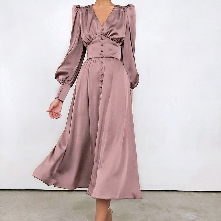 Long V-Neck Cinched Waist Retro Dress – Elegant Vintage Maxi Dress for Women cjdropshipping