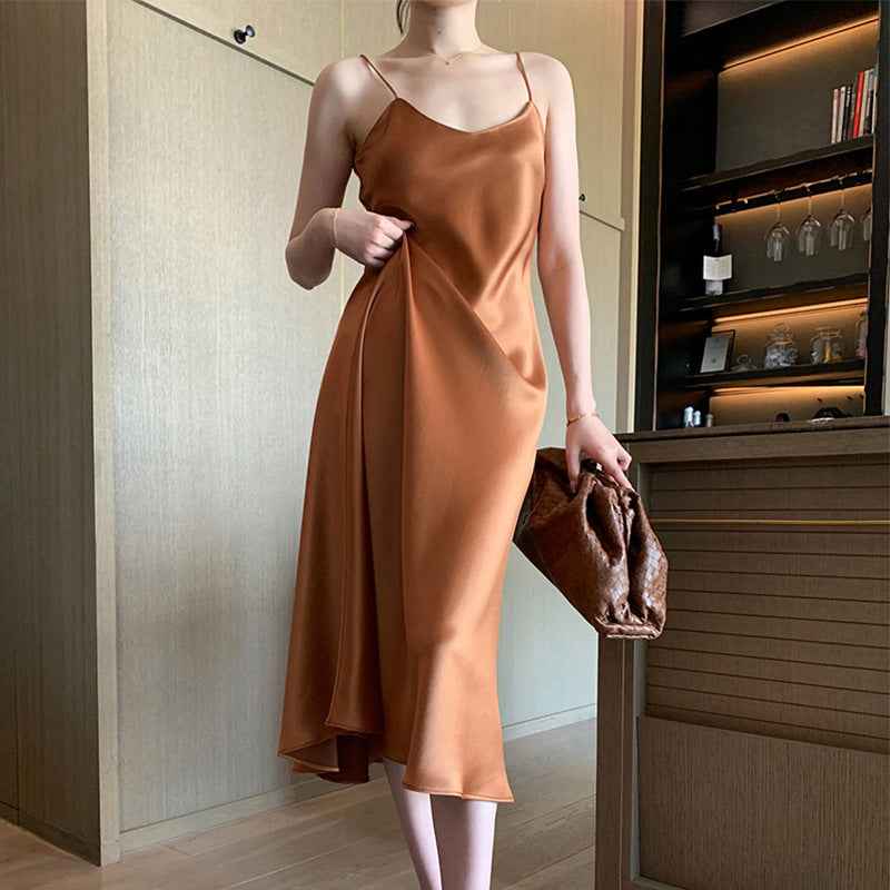 Acetate Satin Slip Dress – Loose & Slim Fit Versatile Satin Dress for All Occasions.