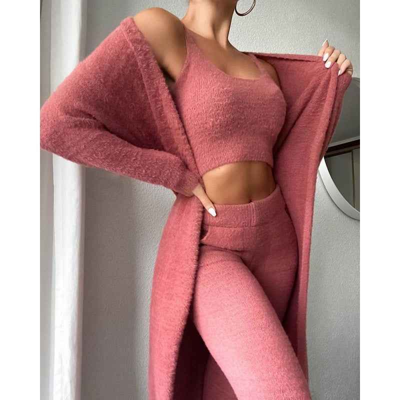 Women’s 3-Piece Cozy Winter Lounge Set – Soft Pajama Pants, Tank Top & Warm Cardigan.