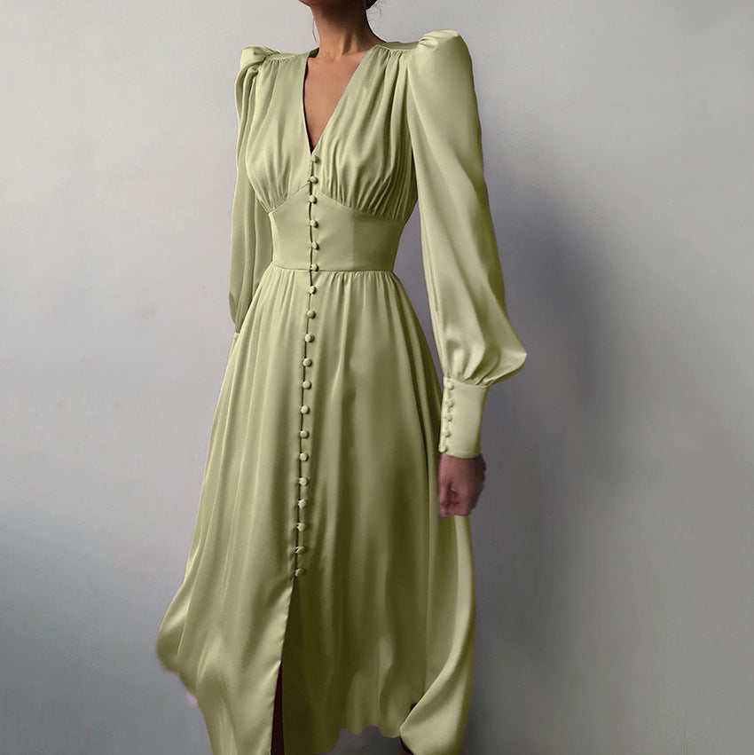 Long V-Neck Cinched Waist Retro Dress – Elegant Vintage Maxi Dress for Women.