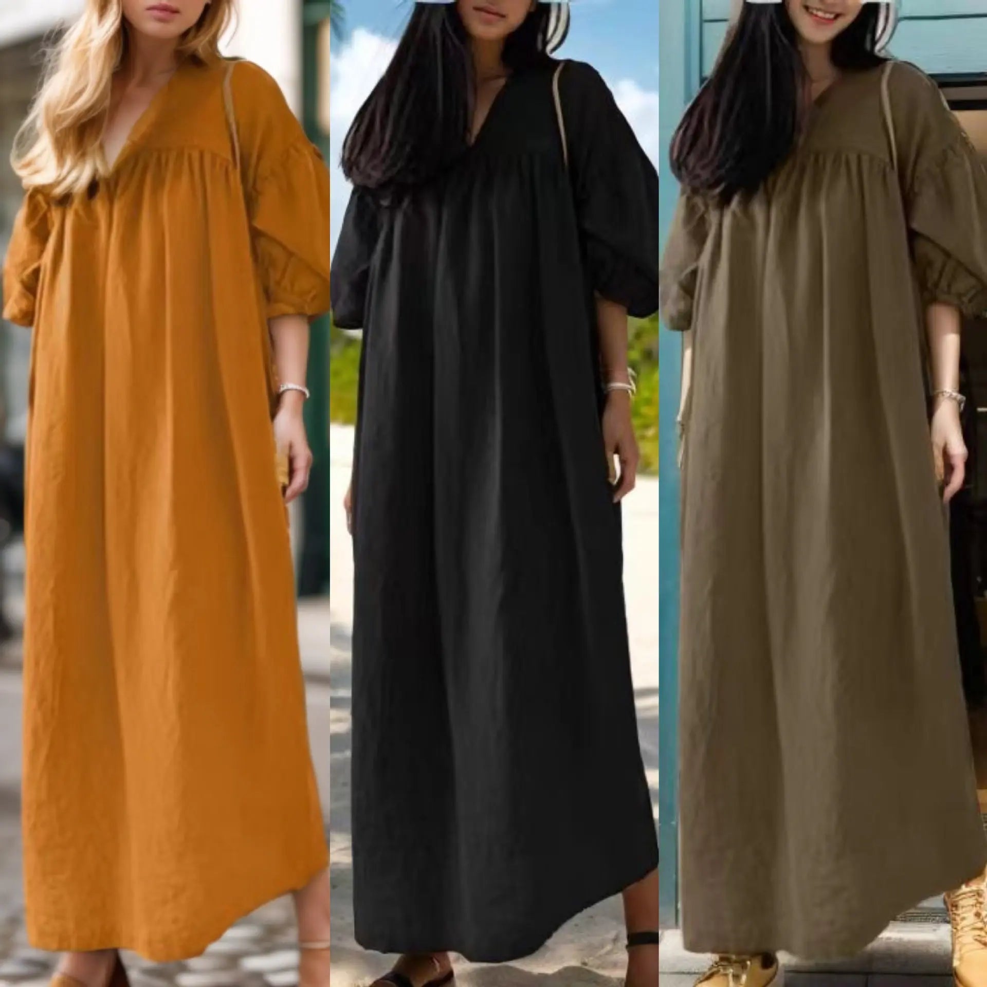 Solid Color Loose V-neck Puff Sleeve Casual Cotton And Linen Dress.