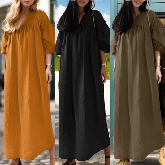 Solid Color Loose V-neck Puff Sleeve Casual Cotton And Linen Dress.