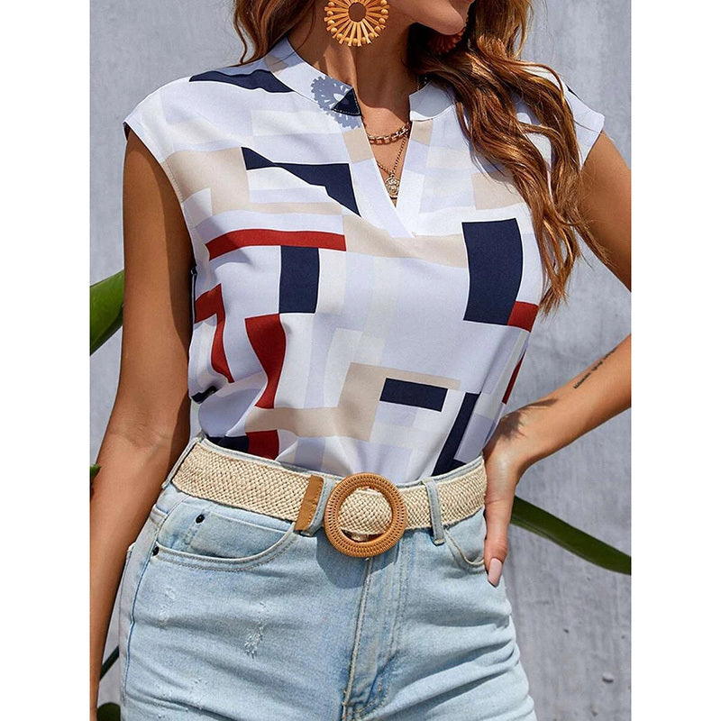 Women's Summer Geometric Pattern Cap Sleeve V-Neck Top – Casual & Dressy Short Sleeve Blouse.