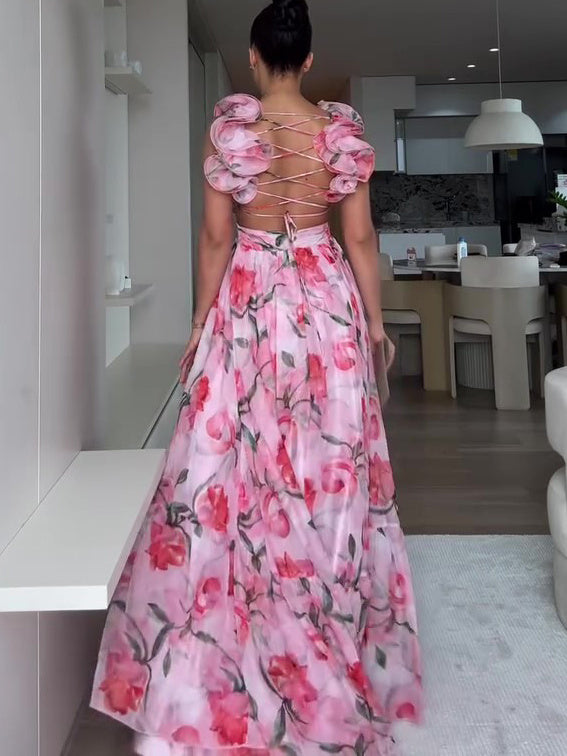 Floral Print Open Back Strap Maxi Dress – Elegant Summer Boho Beach & Evening Dress.