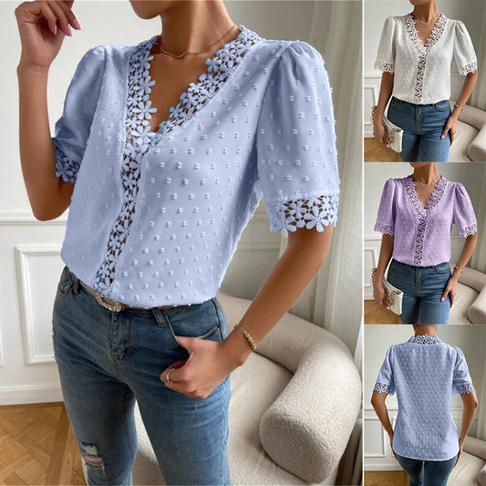 Floral Lace V-Neck Women’s Summer Top – Short Sleeve Fashion Shirt.