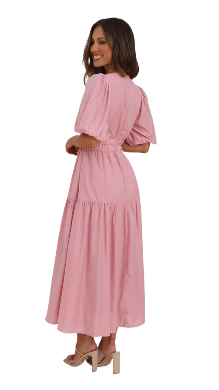 Chic Deep V Puffed Sleeve Vacation Dress – Elegant Flowy Summer Maxi for Beach & Resort Wear cjdropshipping