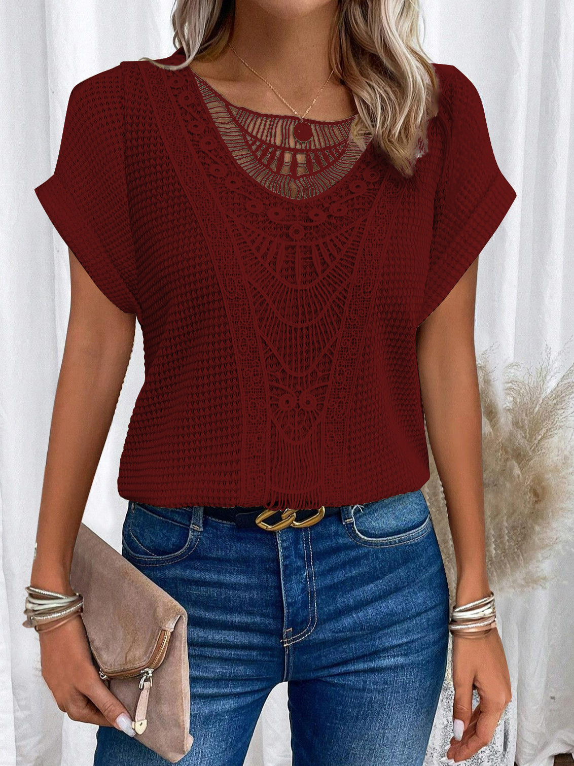 ☀️ Women’s Summer Hollow Out T-Shirt – Ethnic Style Fashion Short Sleeve Top.