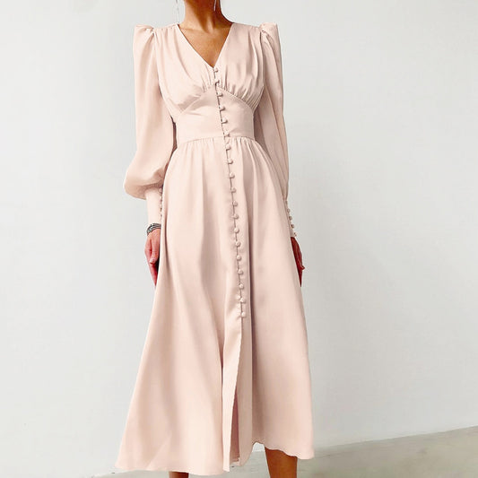 Long V-Neck Cinched Waist Retro Dress – Elegant Vintage Maxi Dress for Women.