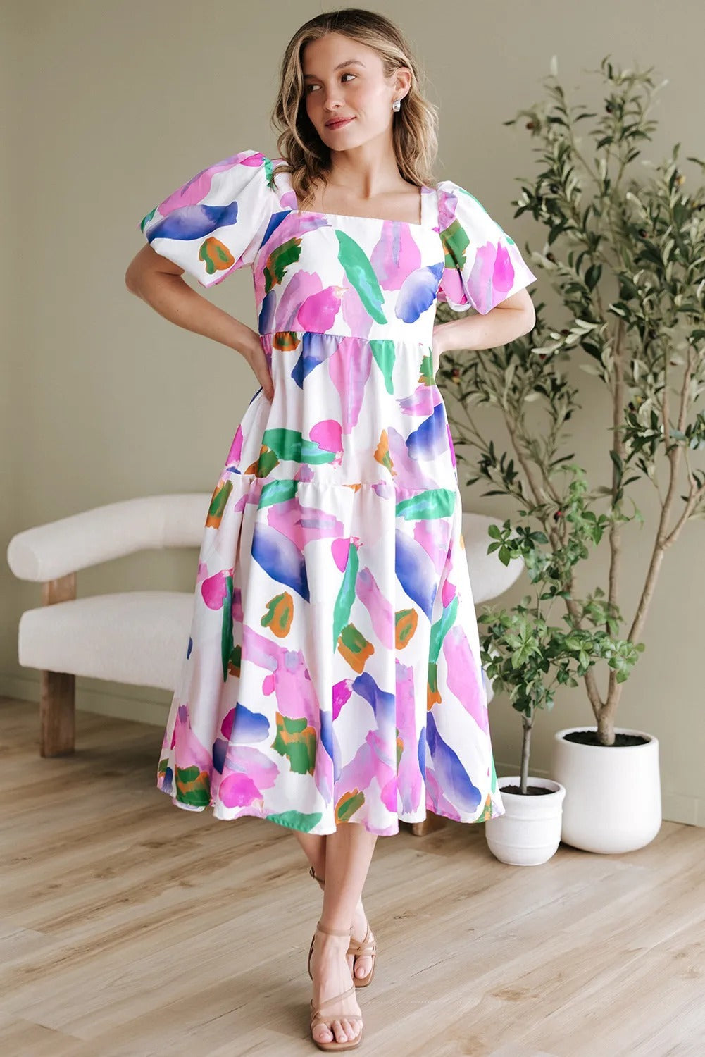 Purple Abstract Print Puff Sleeve Midi Dress – Smocked Back Summer Fashion.