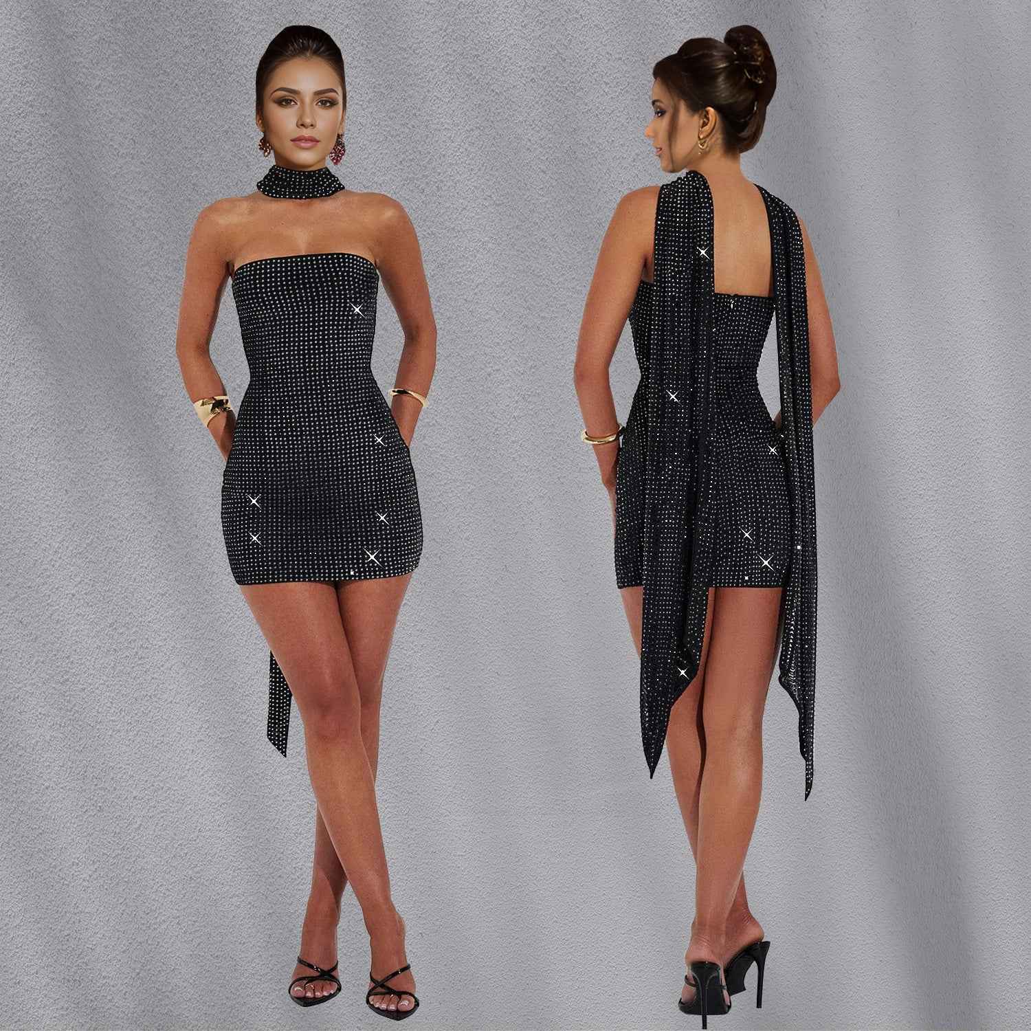 Elegant Rhinestone Ribbon Dress – Sparkling Evening Party Gown for Women.
