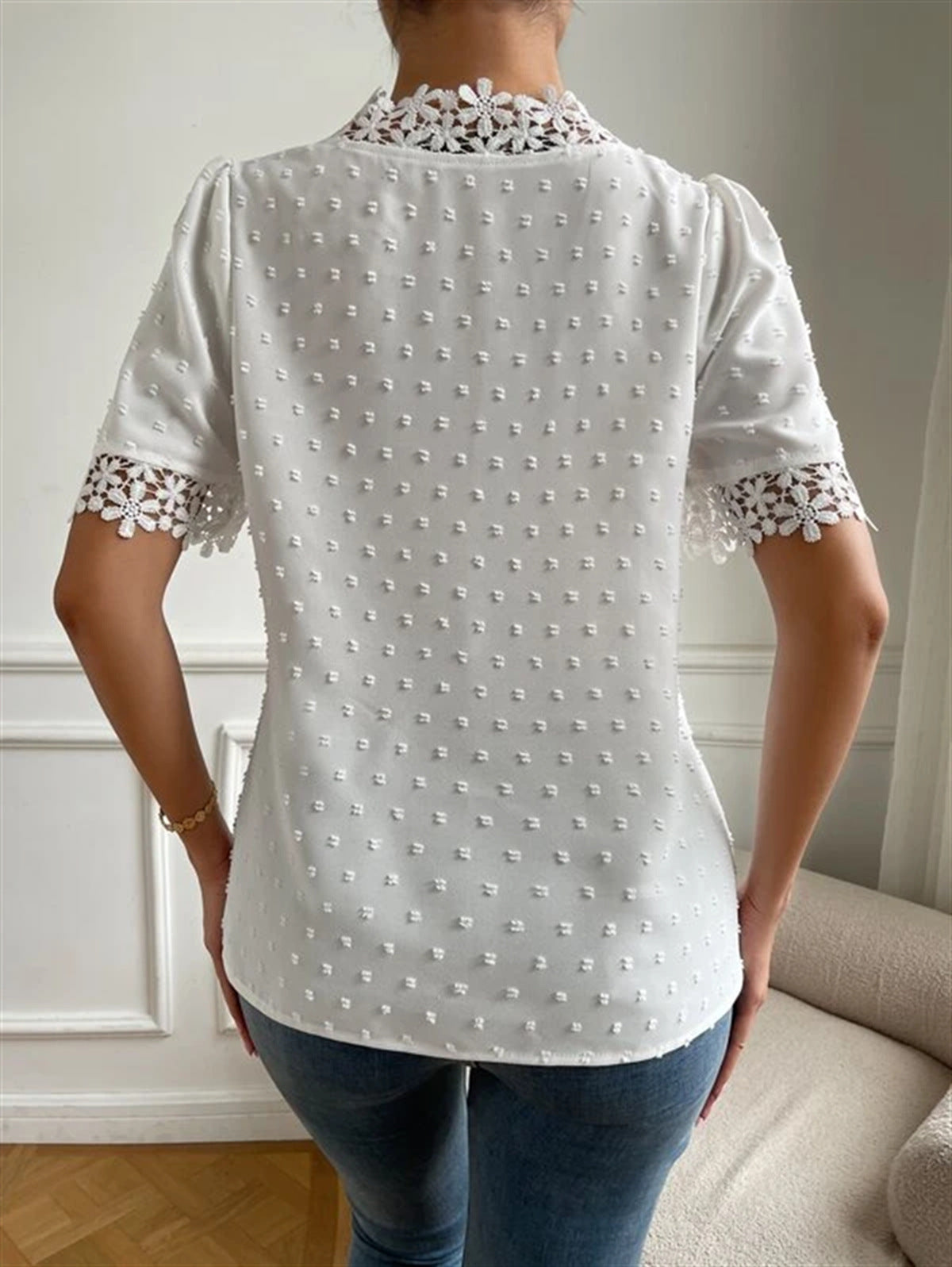 Floral Lace V-Neck Women’s Summer Top – Short Sleeve Fashion Shirt.