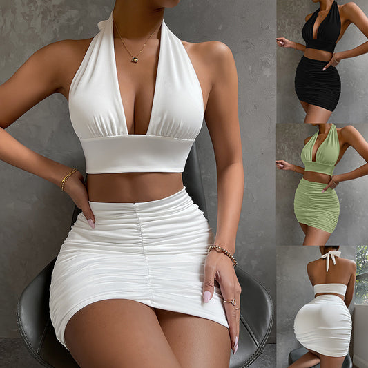 ✨ 2-Piece Women’s Halter Lace-Up Top & Pleated Skirt Set – Chic Hip-Covering Summer Outfit.