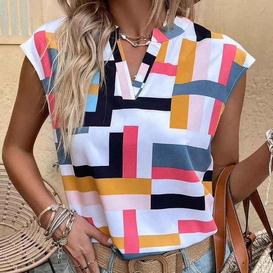 Women's Summer Geometric Pattern Cap Sleeve V-Neck Top – Casual & Dressy Short Sleeve Blouse.