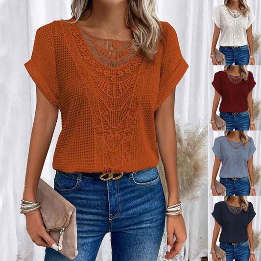 ☀️ Women’s Summer Hollow Out T-Shirt – Ethnic Style Fashion Short Sleeve Top.