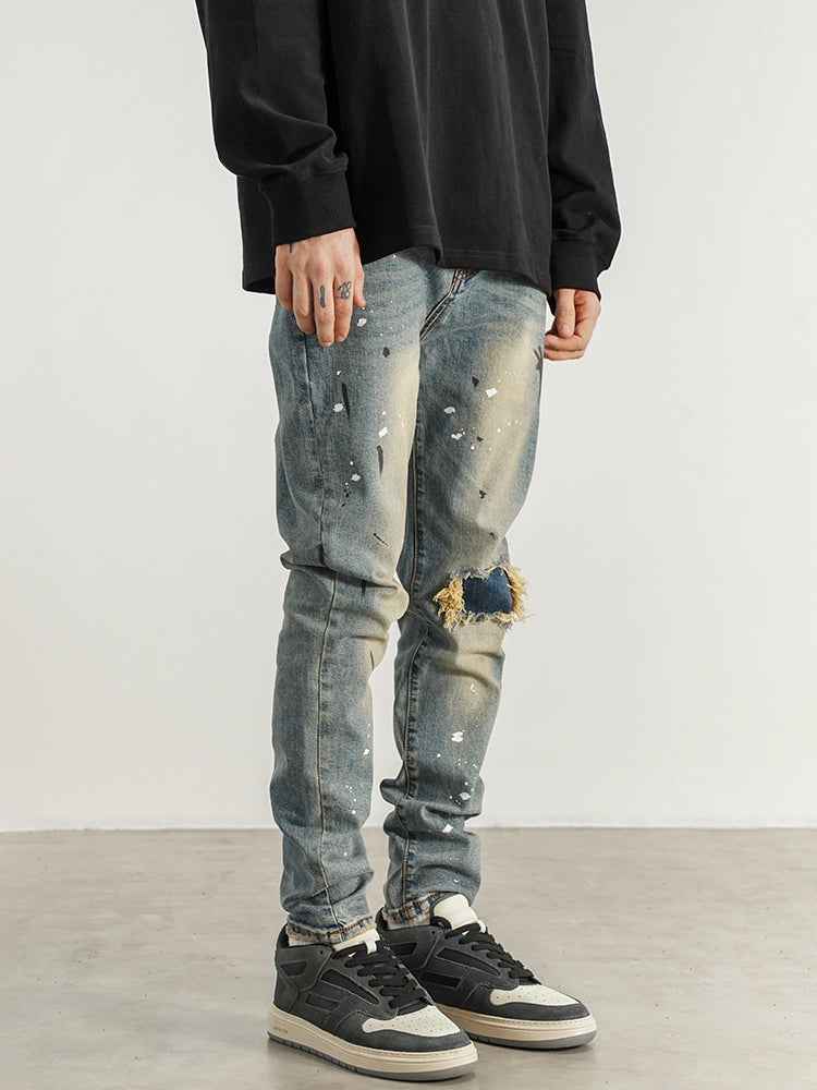 Slim-Fit Jeans With Splashed Ink & Ripped Patches – Men’s Streetwear Denim.