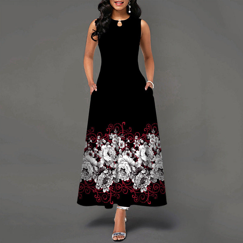 Black and White Color Block Floral Print Maxi Dress – Stylish Boho Summer Beach & Party Dress.