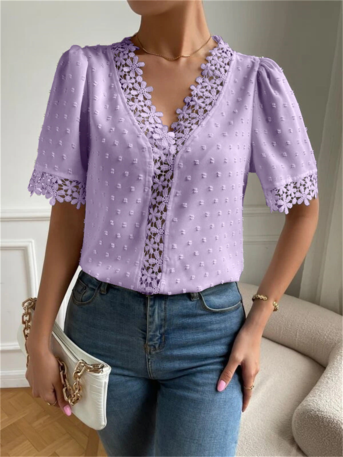Floral Lace V-Neck Women’s Summer Top – Short Sleeve Fashion Shirt.