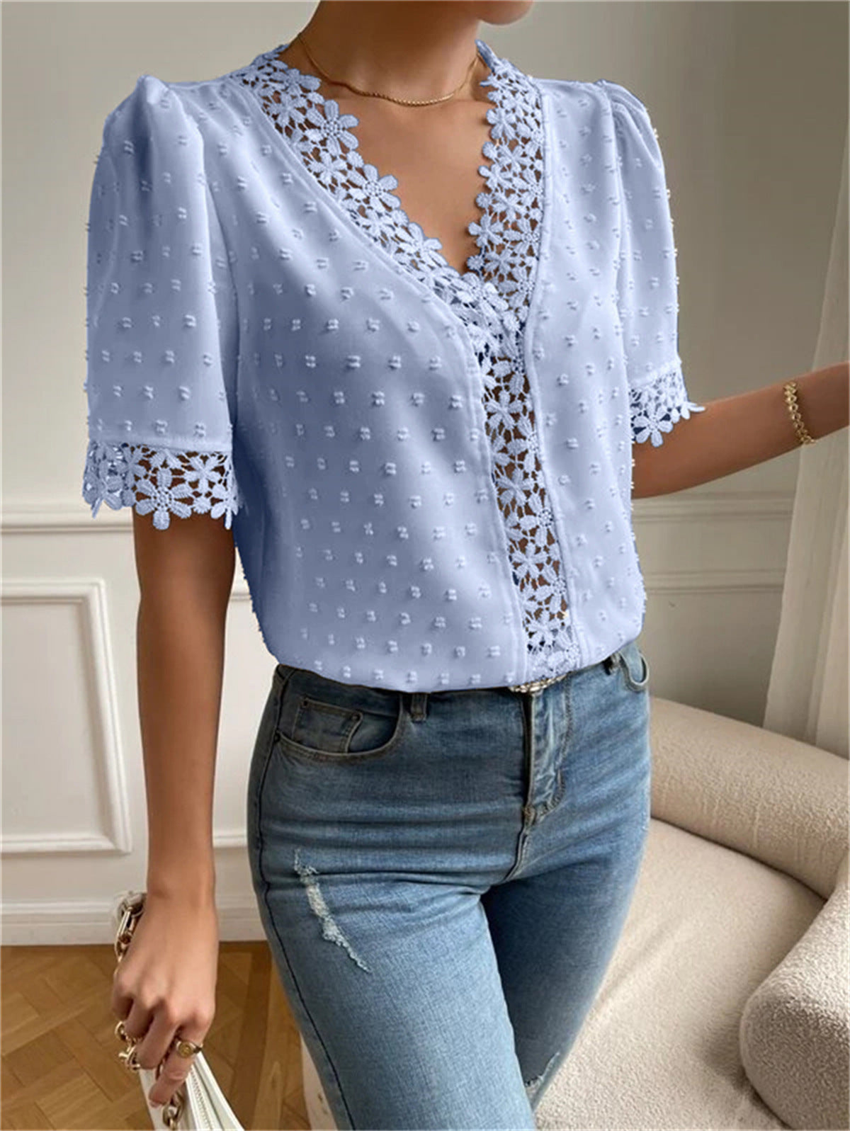 Floral Lace V-Neck Women’s Summer Top – Short Sleeve Fashion Shirt.