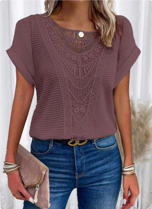 ☀️ Women’s Summer Hollow Out T-Shirt – Ethnic Style Fashion Short Sleeve Top.