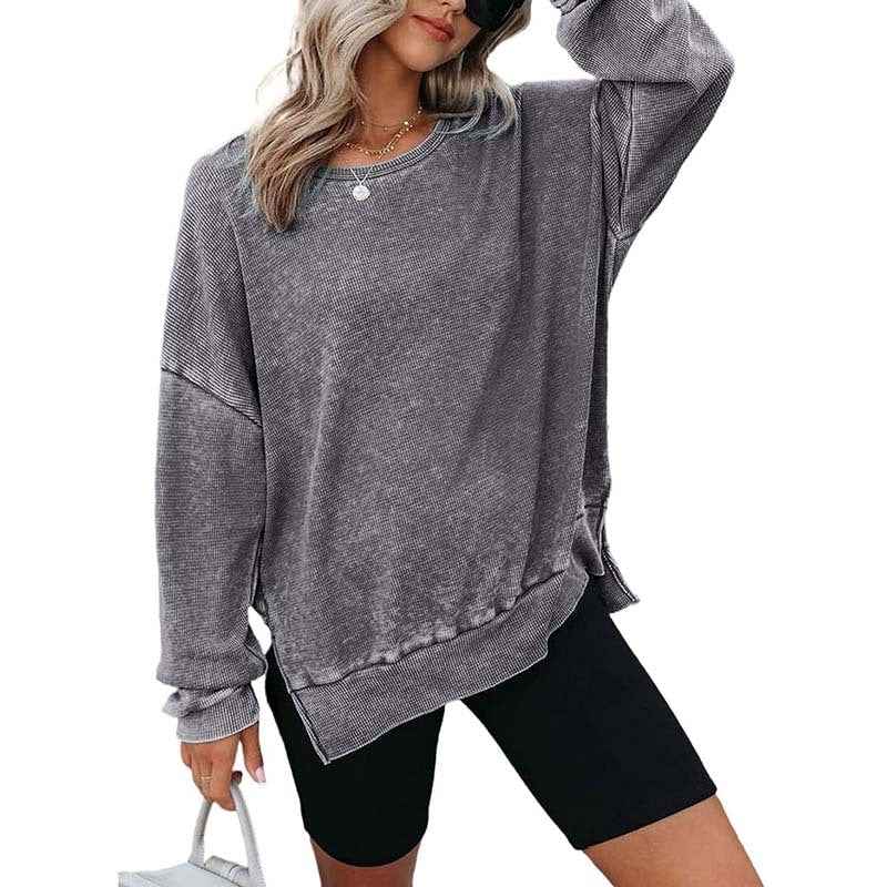 Womens Waffle Knit Crewneck Sweatshirts Long Sleeve Side Slits Casual Pullover Sweatshirt Tops.