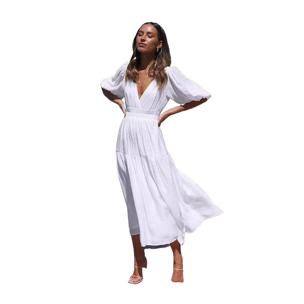 Chic Deep V Puffed Sleeve Vacation Dress – Elegant Flowy Summer Maxi for Beach & Resort Wear.
