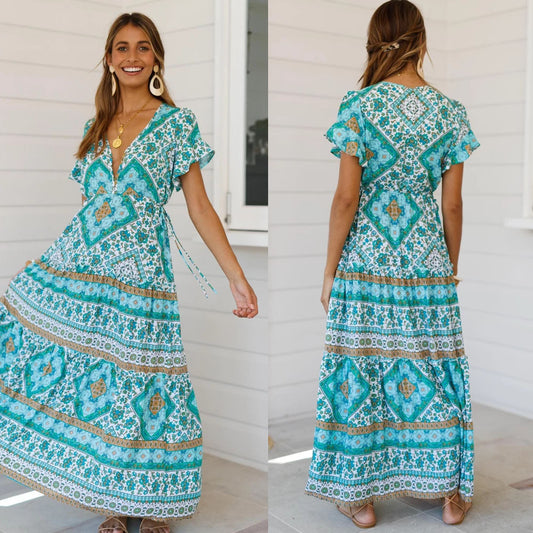 Casual Floral Short Boho Maxi Dress – Lightweight Summer Beach & Vacation Outfit.