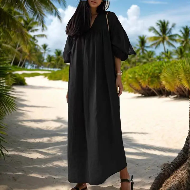 Solid Color Loose V-neck Puff Sleeve Casual Cotton And Linen Dress.