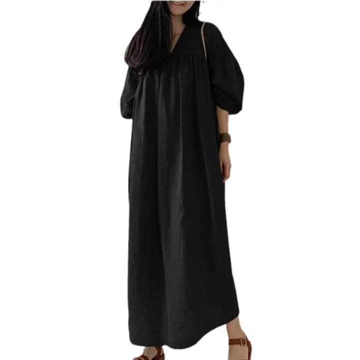 Solid Color Loose V-neck Puff Sleeve Casual Cotton And Linen Dress.