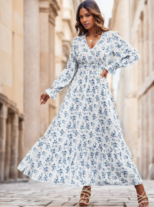 Floral Print Flounce Sleeve Shirred Maxi Dress – Women’s Boho Chic Summer Outfit.