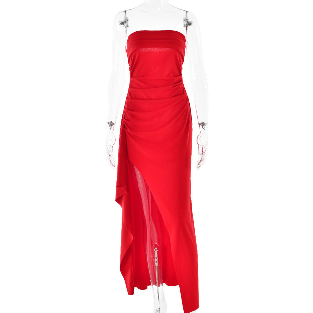 Women’s Strapless Split Long Dress – Summer Pleated Bridesmaid & Party Dress.