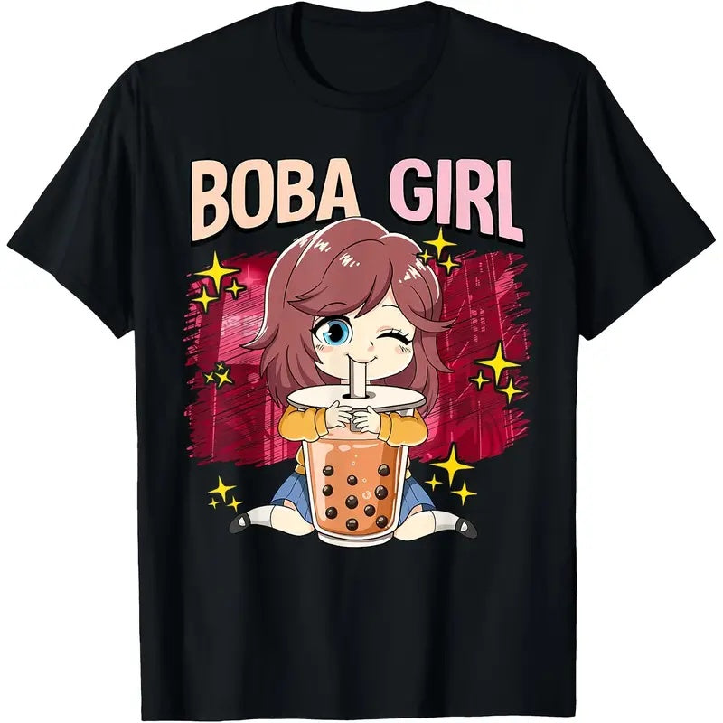 ✨ Boba Girl Anime Graphic Tee – Cute Short Sleeve Crew Neck T-Shirt for Women & Girls.