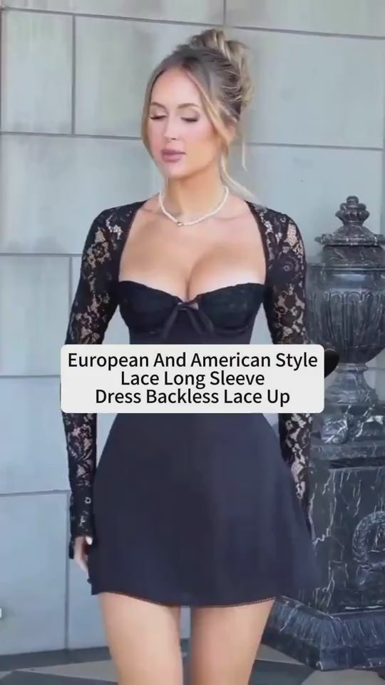 Y2K Lace Long Sleeve Dress – Sexy Corset Backless Lace-Up Short Dress for Women.